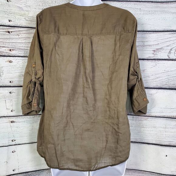Croft & Barrow Women’s M 100% Cotton Linen Look Olive Green Button Front Top - Picture 4 of 7